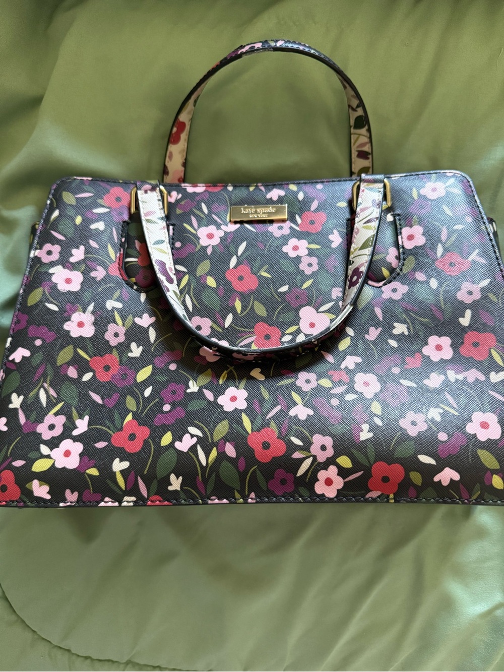 kate spade Black Floral Satchel with Pink and Red Blooms
